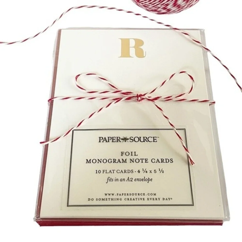 Monogram Notecard Set Gold Foil Print “R” White Card With Red Envelopes Set/10